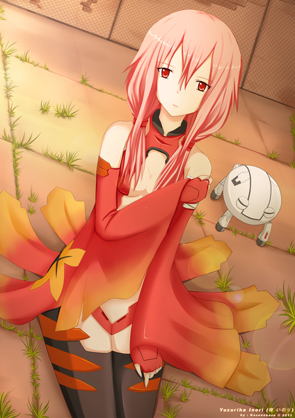 Anime picture 1200x1697 with guilty crown production i.g yuzuriha inori kazenokaze single long hair tall image looking at viewer red eyes sitting bare shoulders pink hair center opening girl thighhighs black thighhighs detached sleeves fingerless gloves robot
