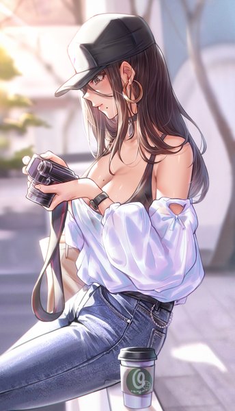 Anime picture 1604x2794 with original hua-j single long hair tall image fringe breasts light erotic hair between eyes brown hair large breasts sitting bare shoulders holding cleavage outdoors profile blurry off shoulder mole