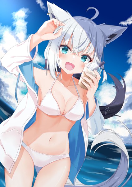 Anime picture 2006x2833 with virtual youtuber hololive shirakami fubuki divergenceok single long hair tall image looking at viewer blush fringe highres open mouth light erotic black hair hair between eyes standing holding animal ears payot sky