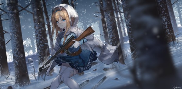 Anime picture 5079x2482 with girls frontline suomi kp31 (girls frontline) even (even yiwen) single long hair looking at viewer blush fringe highres breasts blue eyes brown hair wide image holding signed absurdres bent knee (knees) outdoors pleated skirt wind