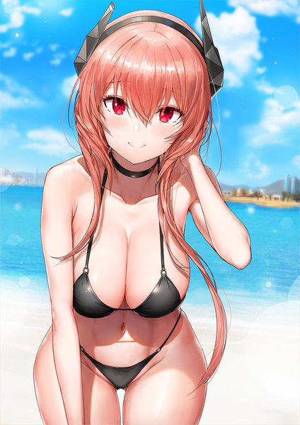 Anime picture 2108x2982 with girls frontline m4 sopmod ii (girls frontline) greem bang single long hair tall image looking at viewer blush fringe highres breasts light erotic smile red eyes large breasts standing pink hair sky cloud (clouds) outdoors