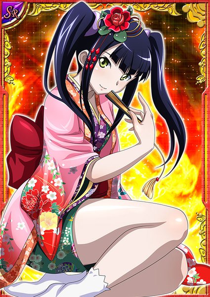 Anime picture 567x800 with ikkitousen saji genpou (true) single long hair tall image looking at viewer fringe black hair smile sitting twintails holding green eyes bent knee (knees) blunt bangs traditional clothes head tilt japanese clothes hair flower wide sleeves