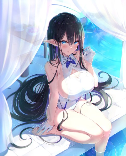Anime picture 2713x3357 with blue archive rin (blue archive) tel-o single tall image looking at viewer blush fringe highres breasts blue eyes light erotic black hair hair between eyes large breasts sitting very long hair multicolored hair barefoot from above