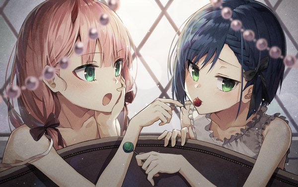 Anime picture 1500x943 with darling in the franxx studio trigger zero two (darling in the franxx) ichigo (darling in the franxx) huwari (dnwls3010) long hair looking at viewer blush fringe short hair hair between eyes twintails bare shoulders multiple girls holding green eyes blue hair looking away pink hair upper body