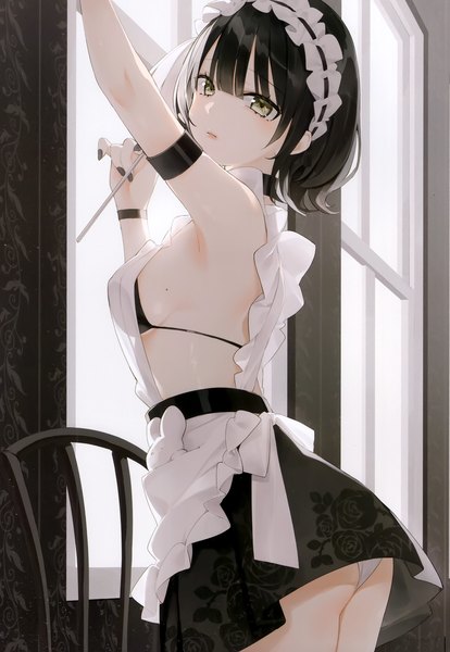 Anime picture 2405x3485 with original kinako (shiratama mochi) single tall image looking at viewer fringe highres short hair breasts light erotic black hair standing holding green eyes indoors blunt bangs nail polish scan arms up maid