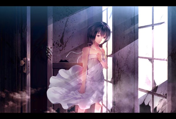 Anime picture 1820x1240 with fukai no nemuru oujo no abaddon yuki ayakouji sunakumo single looking at viewer highres short hair black hair brown eyes letterboxed girl dress window sundress door