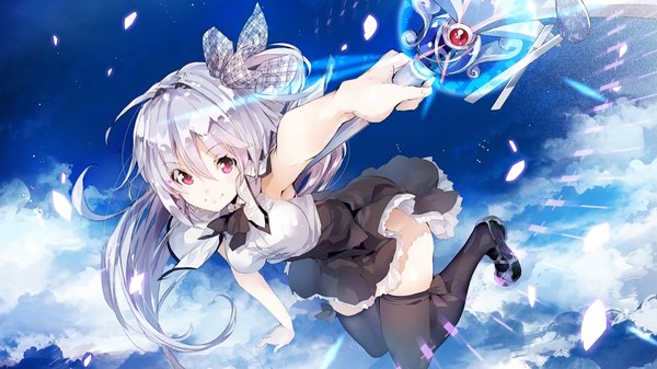 Anime picture 1920x1080 with juuoumujin no fafnir iris freyja yuugen single looking at viewer fringe highres breasts smile wide image pink hair sky silver hair cloud (clouds) very long hair pink eyes multicolored hair zettai ryouiki outstretched arm magic