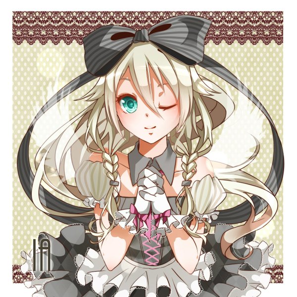 Anime picture 1500x1500 with vocaloid ia (vocaloid) nou single long hair looking at viewer blonde hair smile bare shoulders braid (braids) one eye closed aqua eyes wink character names twin braids border angel wings polka dot outside border hands clasped