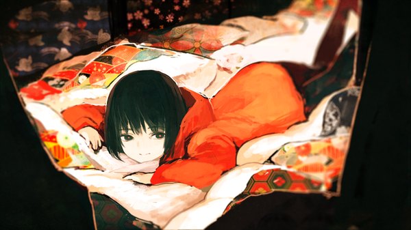 Anime picture 840x473 with original kitsune (kazenouta) single looking at viewer short hair black hair wide image brown eyes lying on stomach pale skin girl thighhighs black thighhighs futon