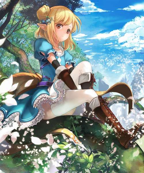 Anime picture 750x900 with original uro (uro zi) single tall image short hair light erotic blonde hair brown eyes sky cloud (clouds) bent knee (knees) outdoors wind pointy ears hair bun (hair buns) puffy sleeves girl thighhighs dress hair ornament