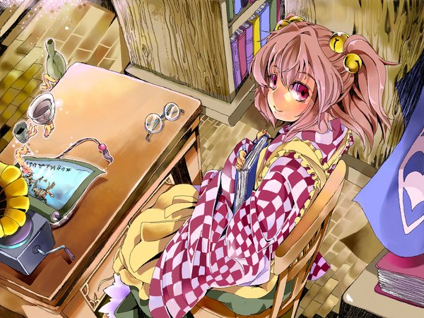 Anime picture 1600x1200 with touhou motoori kosuzu nmknf (mkn) single looking at viewer blush short hair smile brown hair sitting traditional clothes japanese clothes pink eyes from above two side up hair bell eyewear removed girl hair ornament glasses