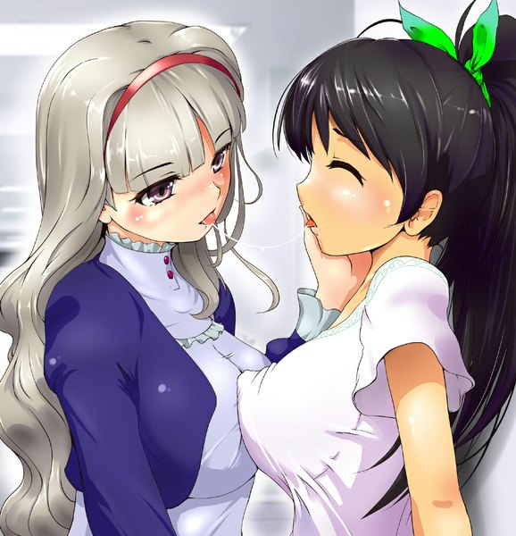 Anime picture 1000x1038 with idolmaster ganaha hibiki shijou takane kgo long hair tall image blush breasts light erotic black hair large breasts multiple girls silver hair ponytail eyes closed pink eyes erect nipples covered nipples saliva yuri