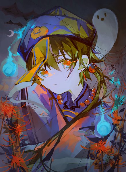 Anime picture 1829x2500 with original irodori warabi single long hair tall image fringe highres hair between eyes red eyes brown hair signed twitter username low ponytail halloween ghost crescent androgynous flower (flowers) hat insect
