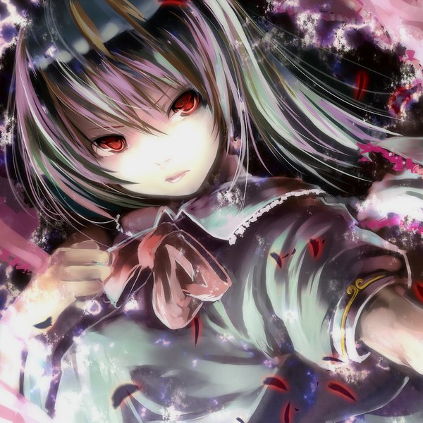 Anime picture 1000x1000 with touhou hinanawi tenshi yae (mono110) single looking at viewer short hair red eyes green hair girl dress petals