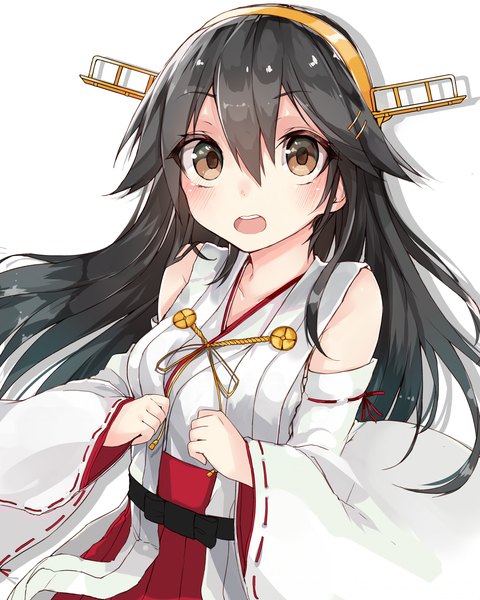 Anime picture 1600x2000 with kantai collection haruna battleship kou mashiro single long hair tall image looking at viewer blush open mouth black hair simple background white background brown eyes girl hair ornament detached sleeves