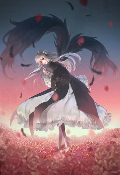 Anime picture 2031x2952 with rozen maiden suigintou hanayaka single long hair tall image looking at viewer fringe highres red eyes full body outdoors white hair long sleeves head tilt blurry night wide sleeves high heels puffy sleeves