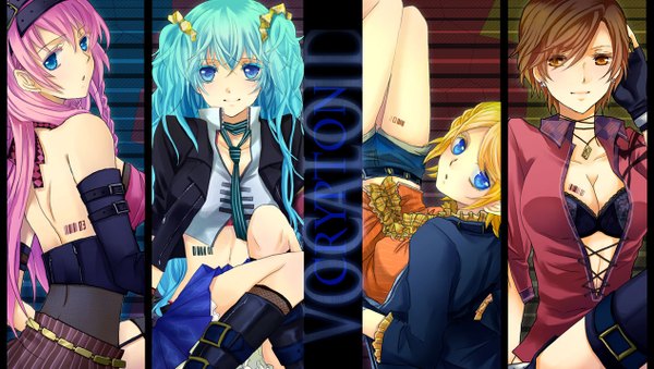 Anime picture 1266x716 with vocaloid hatsune miku megurine luka kagamine rin meiko koyami tsukito long hair looking at viewer fringe breasts blue eyes light erotic blonde hair smile brown hair wide image sitting twintails bare shoulders multiple girls