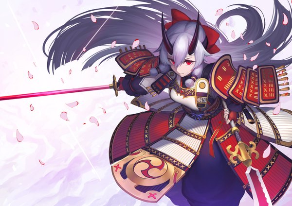 Anime picture 2828x2000 with fate (series) fate/grand order tomoe gozen (fate) nkmr8 single long hair fringe highres simple background hair between eyes red eyes white background holding silver hair traditional clothes japanese clothes horn (horns) cherry blossoms fighting stance serious