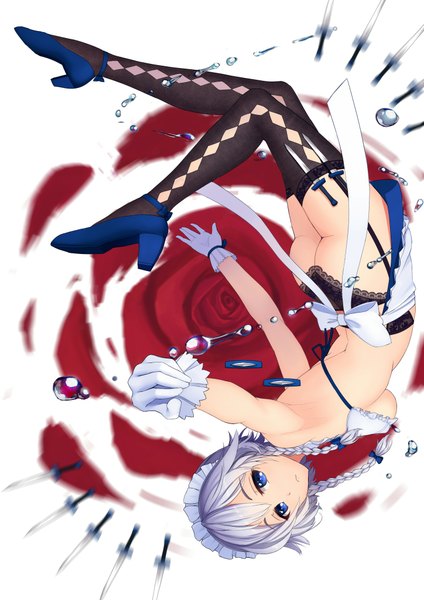 Anime picture 1447x2046 with touhou izayoi sakuya ti-tang single tall image looking at viewer fringe short hair breasts blue eyes light erotic holding silver hair bent knee (knees) braid (braids) armpit (armpits) alternate costume twin braids dual wielding upside down