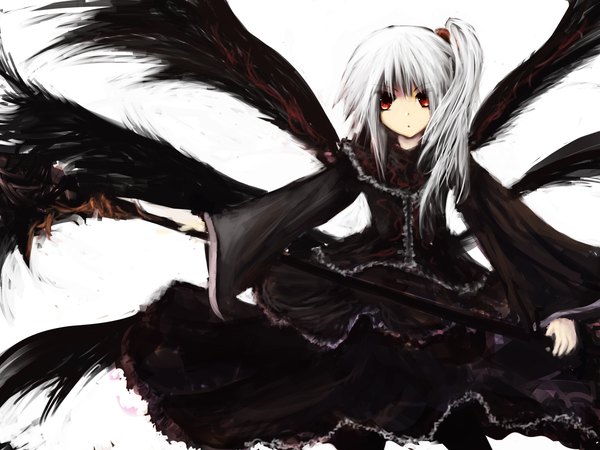 Anime picture 1600x1200 with touhou shinki (touhou) helrouis (artist) single short hair simple background red eyes white background white hair long sleeves one side up girl dress wings crystal