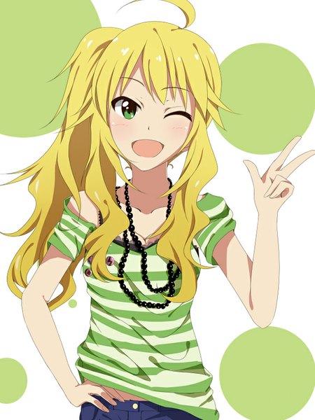 Anime picture 600x800 with idolmaster hoshii miki hitotsuki nanoka single long hair tall image open mouth blonde hair green eyes looking away ahoge ponytail one eye closed wink hand on hip side ponytail victory striped girl beads