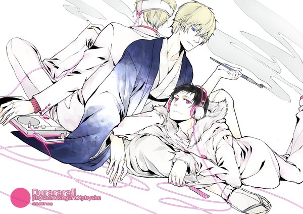 Anime picture 1653x1169 with durarara!! brains base (studio) psychedelic dreams orihara izaya heiwajima shizuo calcuindy (artist) short hair blue eyes black hair simple background blonde hair white background sitting lying traditional clothes japanese clothes pink eyes multiple boys copyright name monochrome