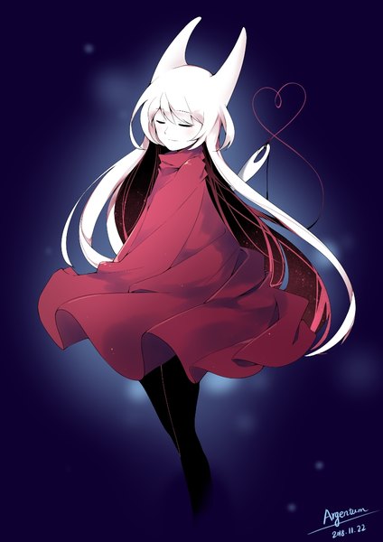 Anime picture 826x1169 with hollow knight hornet (hollow knight) argentum127 single long hair tall image fringe simple background smile hair between eyes standing signed payot white hair red hair eyes closed multicolored hair horn (horns) dated dark background