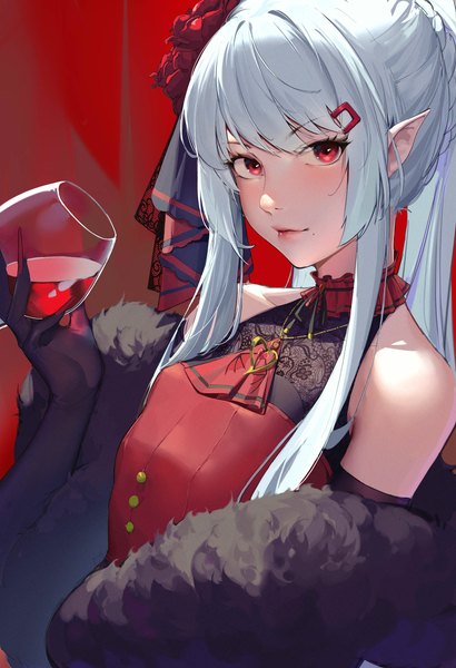 Anime picture 2229x3262 with original j.xh single long hair tall image looking at viewer fringe highres red eyes bare shoulders holding payot silver hair upper body ponytail blunt bangs nail polish hair flower fingernails pointy ears