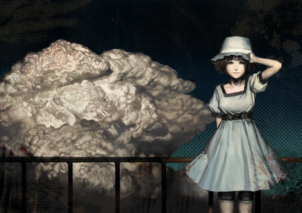 Anime picture 1528x1080 with steins;gate white fox shiina mayuri neg (artist) single short hair black hair sky cloud (clouds) aqua eyes girl dress hat
