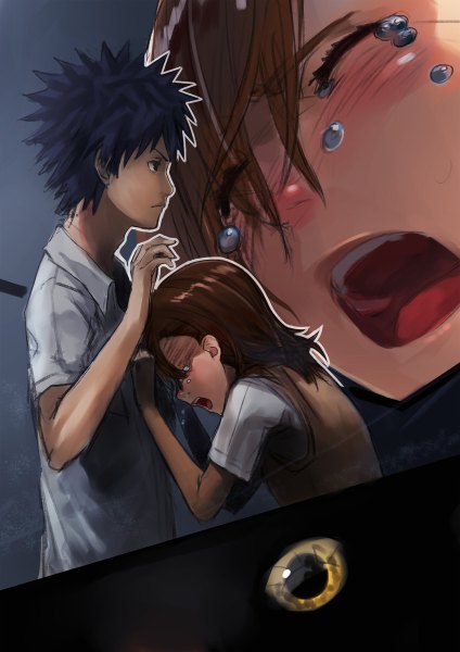 Anime picture 848x1200 with to aru kagaku no railgun to aru majutsu no index j.c. staff misaka mikoto kamijou touma masashi (excellent) tall image blush short hair open mouth black hair brown hair eyes closed tears hand on chest crying spiked hair girl boy uniform