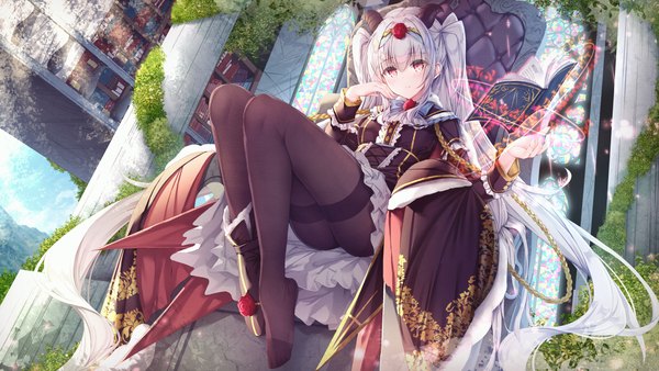 Anime picture 1920x1080 with original manman manyou haiyang de paomo single looking at viewer blush fringe highres light erotic hair between eyes red eyes wide image sitting silver hair full body bent knee (knees) long sleeves very long hair hair flower horn (horns) two side up