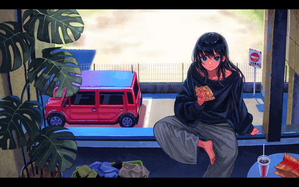 Anime picture 2880x1800 with original kaneni single long hair looking at viewer highres blue eyes black hair sitting indoors barefoot from above letterboxed eating girl plant (plants) window ground vehicle potted plant car