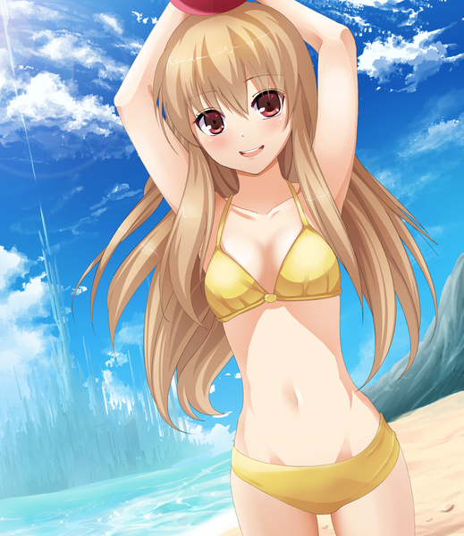 Anime picture 1800x2080 with original riburanomind long hair tall image looking at viewer blush highres open mouth light erotic blonde hair red eyes sky cloud (clouds) girl navel swimsuit bikini
