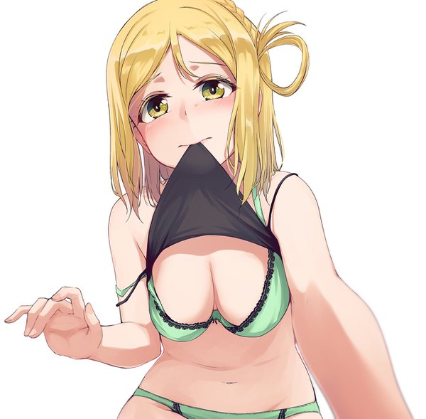 Anime picture 1380x1355 with love live! sunshine!! sunrise (studio) love live! ohara mari nanotsuki single looking at viewer blush short hair breasts light erotic simple background blonde hair white background holding yellow eyes braid (braids) embarrassed mouth hold side braid