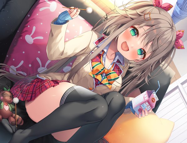 Anime-Bild 4200x3200 mit original asa no ha single long hair looking at viewer blush fringe highres open mouth light erotic smile sitting twintails holding absurdres indoors long sleeves :d pleated skirt aqua eyes