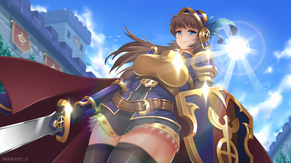 Anime picture 1920x1080 with maplestory maplestory 2 knight (maplestory 2) queasy s single long hair looking at viewer fringe highres breasts blue eyes light erotic smile brown hair wide image large breasts standing holding payot sky