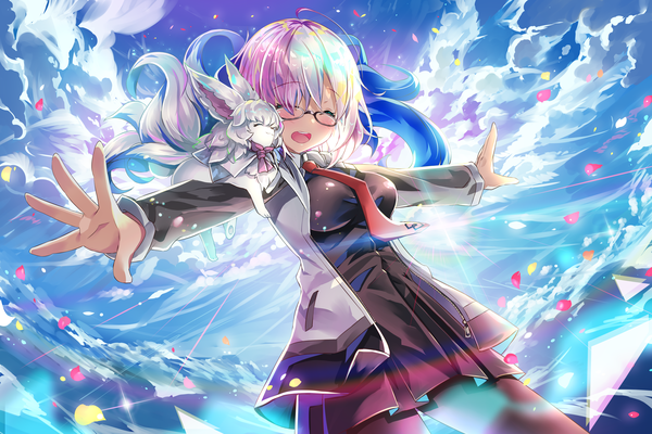 Anime picture 3840x2560 with fate (series) fate/grand order mash kyrielight fou (fate) sho (runatic moon) single highres short hair pink hair absurdres cloud (clouds) eyes closed happy spread arms ^ ^ ^o^ girl petals pantyhose glasses