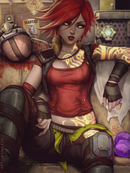 Anime picture 2100x2800 with borderlands lilith (borderlands) psycho (borderlands) sciamano240 tall image looking at viewer fringe highres short hair breasts light erotic sitting signed yellow eyes payot cleavage bent knee (knees) red hair indoors parted lips