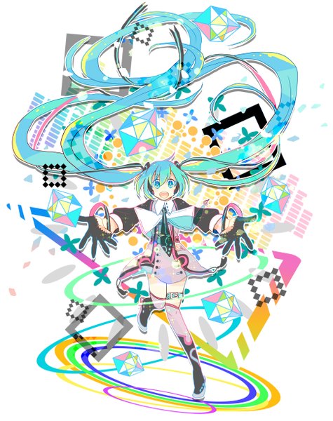 Anime picture 1940x2450 with vocaloid magical mirai (vocaloid) hatsune miku magical mirai miku magical mirai miku (2015) 7:24 single tall image looking at viewer fringe highres open mouth twintails ahoge bent knee (knees) long sleeves very long hair :d aqua eyes aqua hair