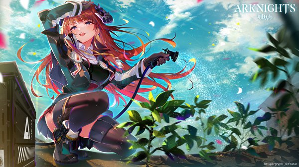 Anime picture 5511x3100 with arknights bagpipe (arknights) arutera single long hair looking at viewer blush fringe highres breasts open mouth blue eyes smile wide image holding payot looking away absurdres sky cloud (clouds)