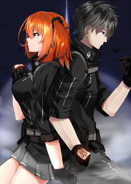 Anime picture 859x1200 with fate (series) fate/grand order fujimaru ritsuka (female) fujimaru ritsuka (male) ninoude (ninoude44) tall image fringe short hair breasts blue eyes black hair hair between eyes standing brown eyes looking away profile pleated skirt orange hair one side up hand on chest