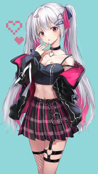 Anime picture 1000x1777 with original m1yu single long hair tall image looking at viewer blush fringe breasts open mouth simple background hair between eyes standing twintails pink hair pleated skirt pink eyes multicolored hair grey hair off shoulder