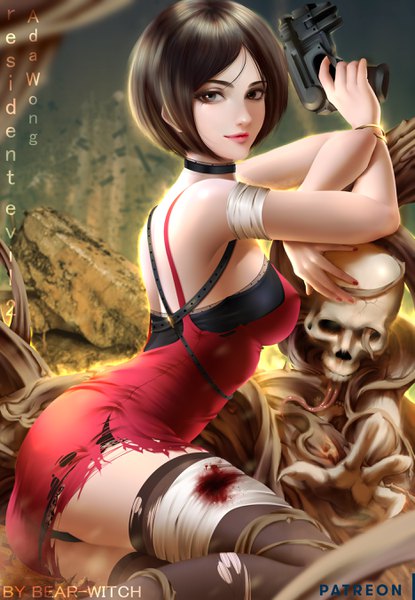 イラスト 1870x2700 と バイオハザード ada wong bearwitch ソロ 長身像 カメラ目線 highres 短い髪 おっぱい light erotic 茶色の髪 座る 肩出し holding 茶目 signed bent knee (knees) nail polish realistic パンチラ