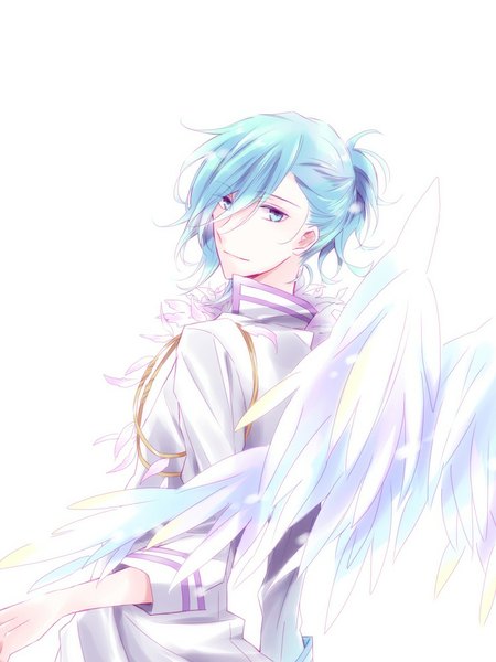 Anime picture 750x1000 with uta no prince-sama a-1 pictures mikaze ai sagari 24 (artist) single tall image looking at viewer short hair simple background smile white background looking back aqua eyes light smile from behind aqua hair angel wings boy wings