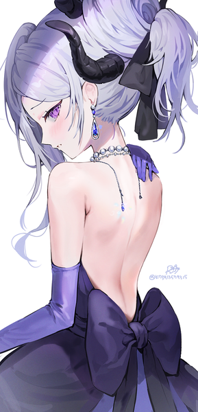 Anime picture 1047x2172 with blue archive hina (blue archive) hina (dress) (blue archive) lerome single long hair tall image looking at viewer blush simple background white background purple eyes silver hair profile looking back horn (horns) back official alternate costume bare back girl
