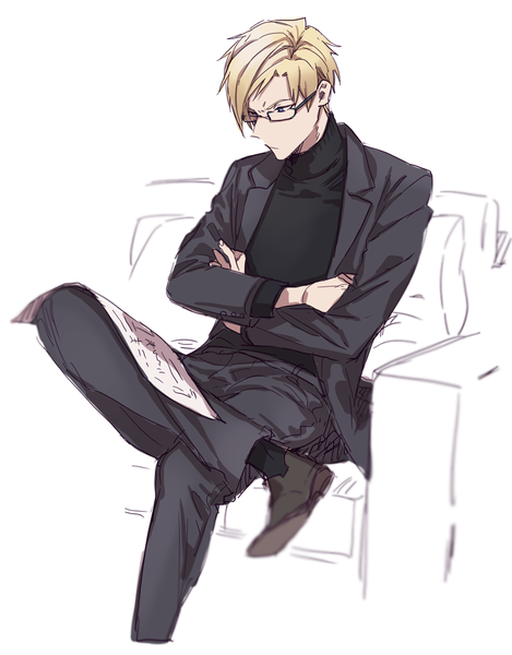 Anime picture 704x900 with a3! furuichi sakyou wani (mezo) single tall image short hair blue eyes blonde hair simple background white background crossed legs crossed arms sketch reading boy glasses turtleneck newspaper