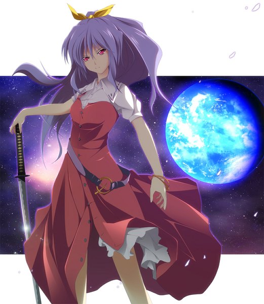 Anime picture 1000x1150 with touhou watatsuki no yorihime zb (artist) long hair tall image looking at viewer red eyes purple hair girl dress weapon petals sword katana planet