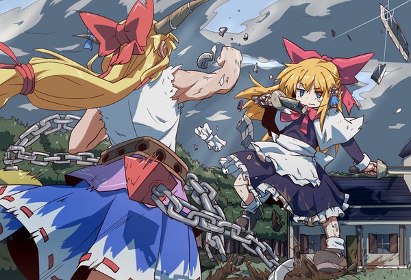 Anime picture 1900x1300 with touhou alice margatroid ibuki suika goliath doll hihachi long hair highres blue eyes blonde hair multiple girls holding cloud (clouds) horn (horns) sleeveless dual wielding battle broken giant crack doll joints