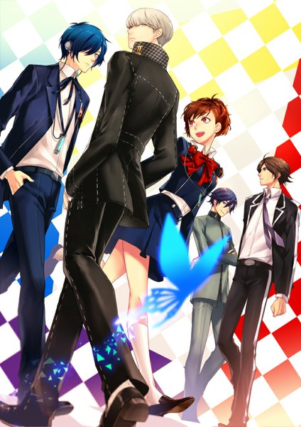 Anime picture 800x1132 with persona 4 persona 3 persona persona 2 narukami yuu arisato minato female protagonist (p3) suou tatsuya toudou naoya saeuchobab tall image looking at viewer fringe short hair open mouth blue eyes smile red eyes brown hair standing