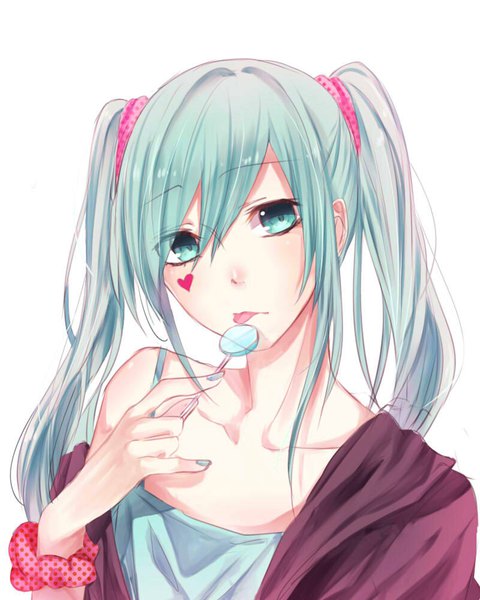 Anime picture 800x1000 with vocaloid hatsune miku na yeon single long hair tall image looking at viewer fringe blue eyes simple background hair between eyes white background twintails bare shoulders holding payot upper body nail polish aqua hair off shoulder
